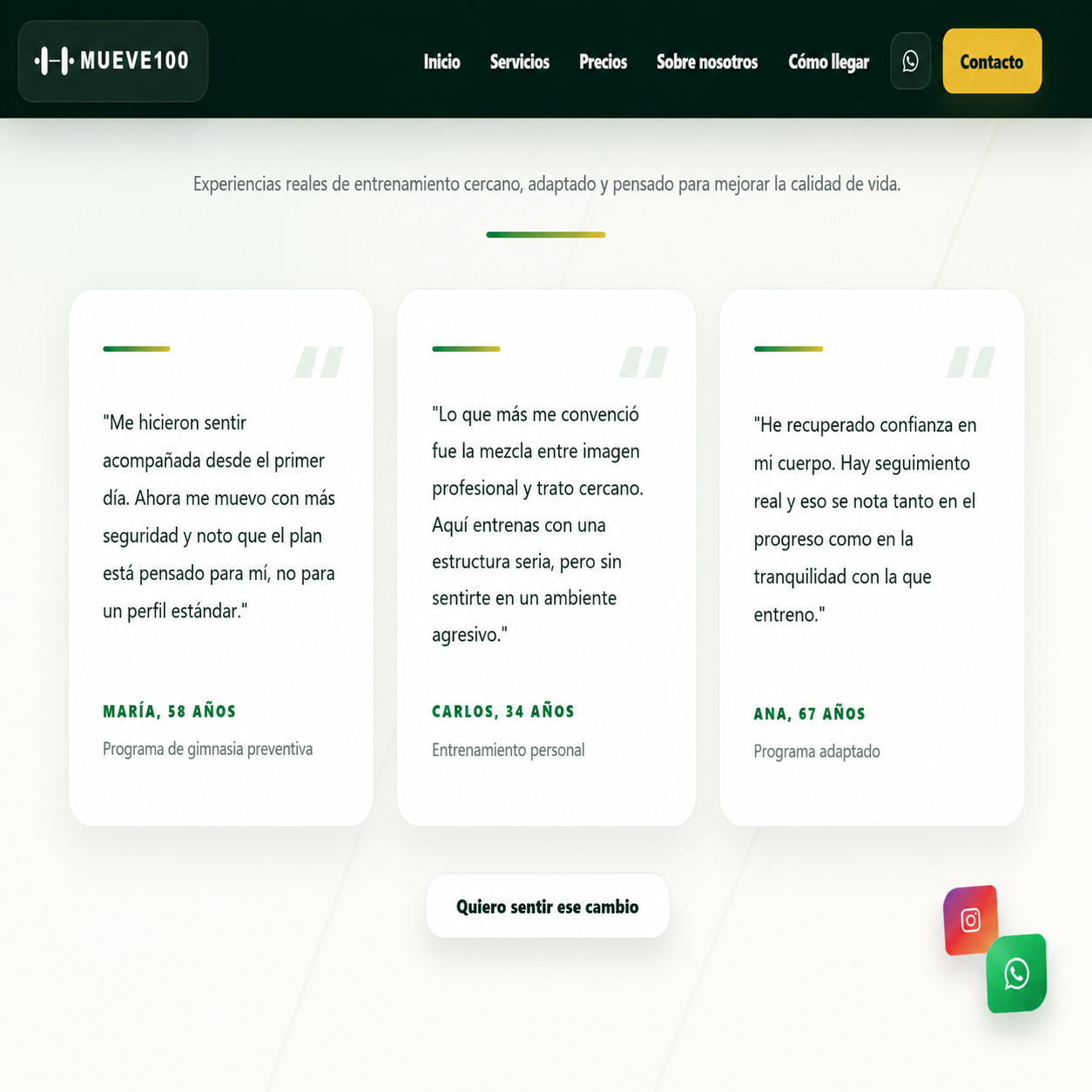 Sección de testimonios de la web MUEVE100