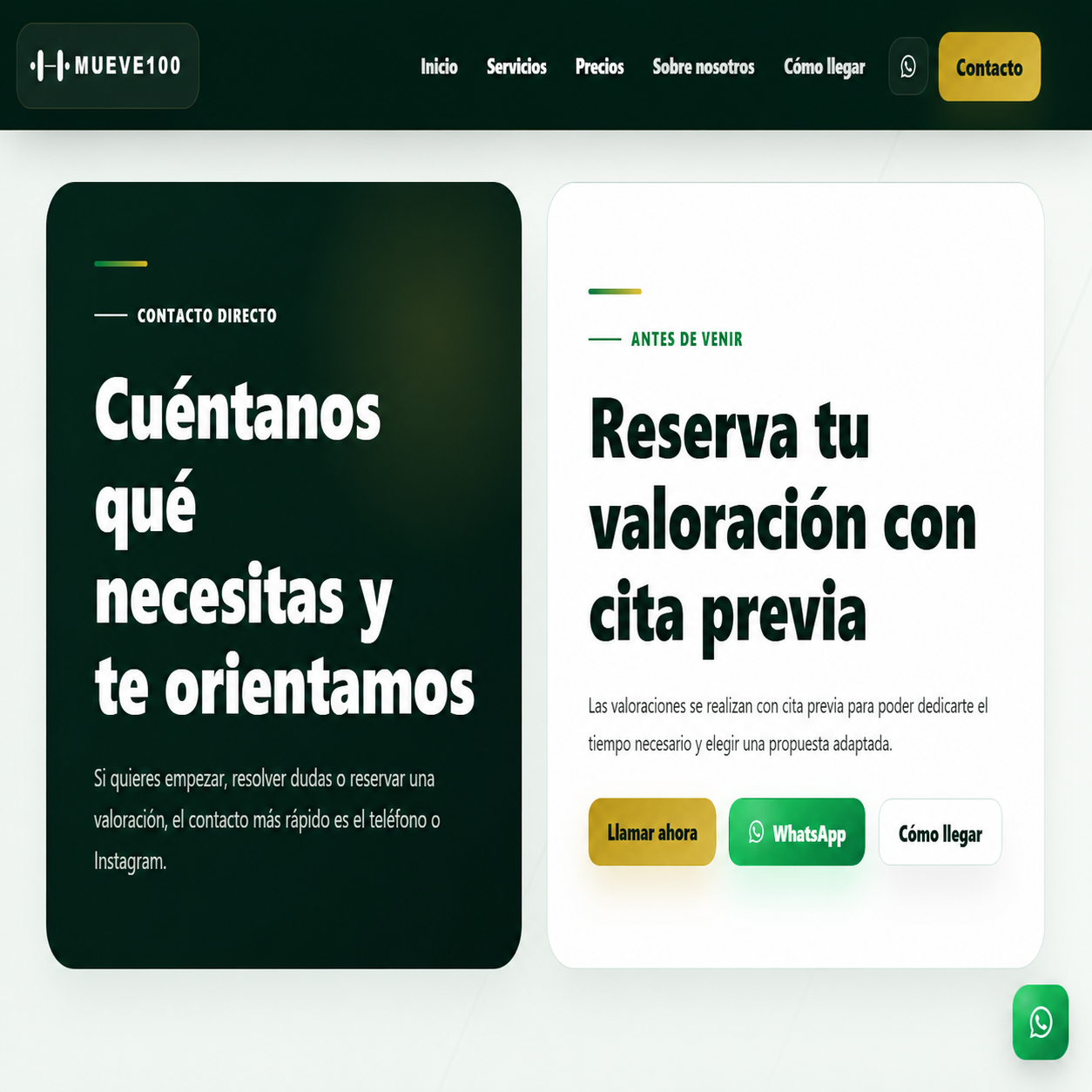 Pantalla de contacto y reserva de valoración de la web MUEVE100