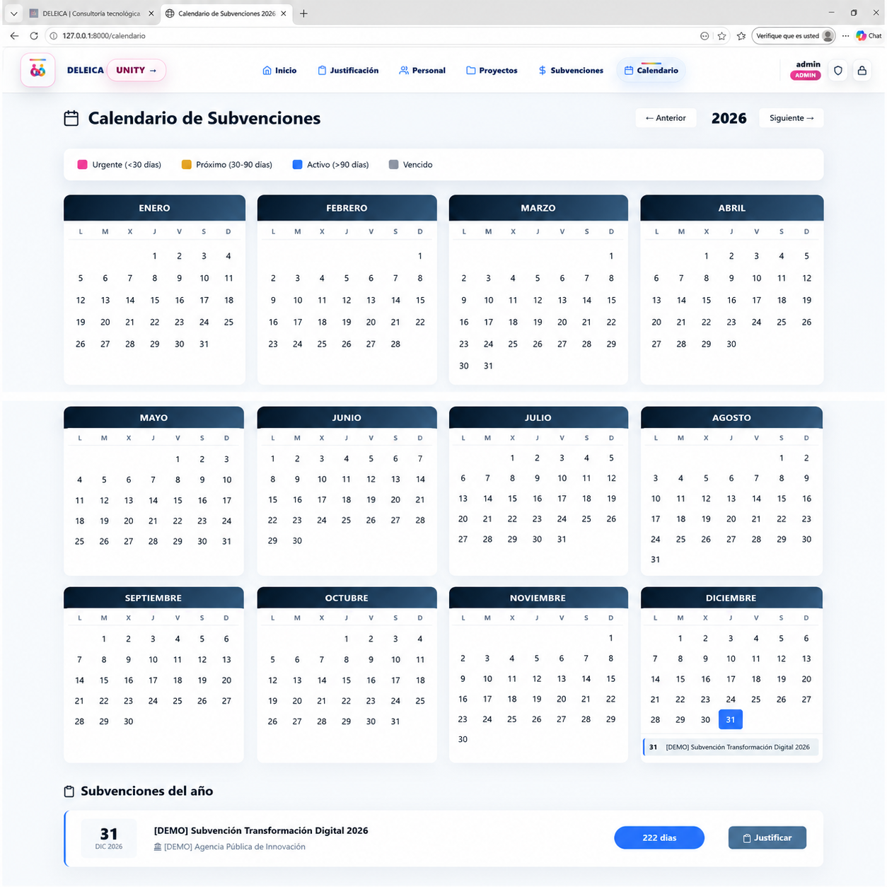 DELEICA UNITY — calendario anual de subvenciones con alertas de vencimiento